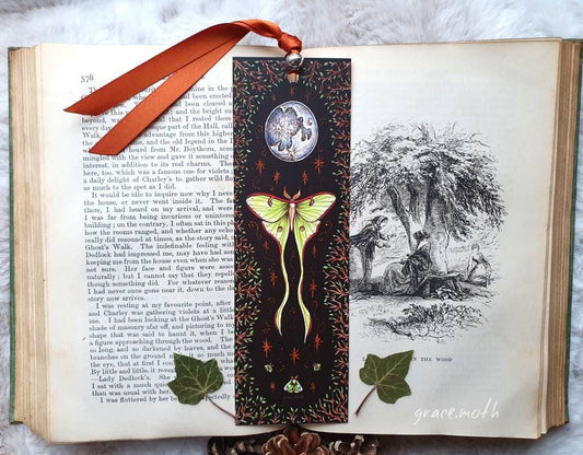 Luna Moth Bookmark - illustrated by Grace Moth, ribbon and laminating options