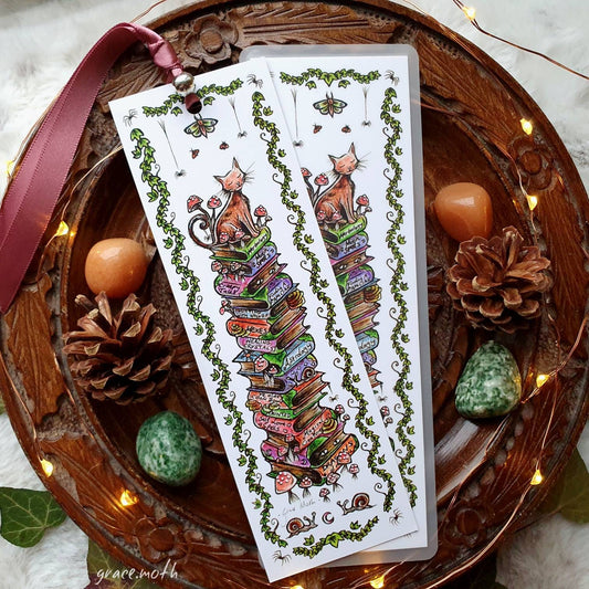 Mossy Bookpile Bookmark - illustrated by Grace Moth, ribbon and laminating options