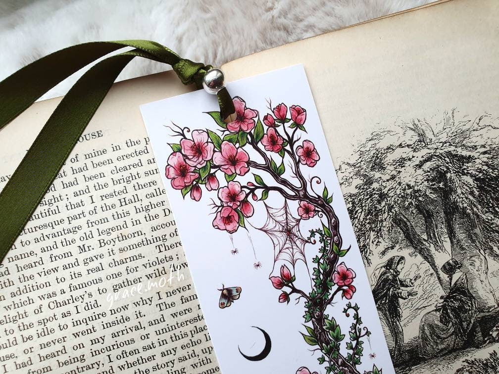 Pink Blossom Bookmark - illustrated by Grace Moth, ribbon and laminating options