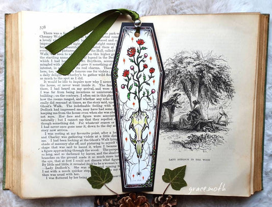 Rat Skull coffin Bookmark - illustrated by Grace Moth, ribbon and laminating options