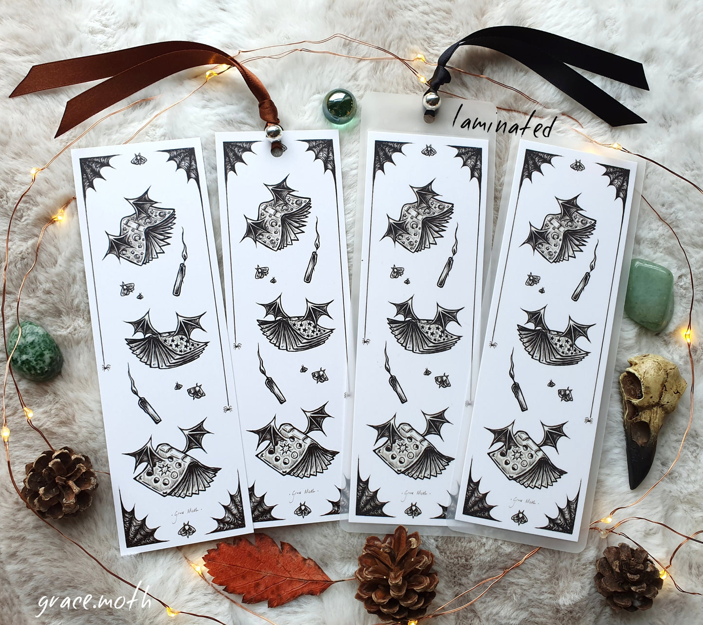 Book Bats Bookmark - illustrated by Grace Moth, ribbon and laminating options, halloween spooky art