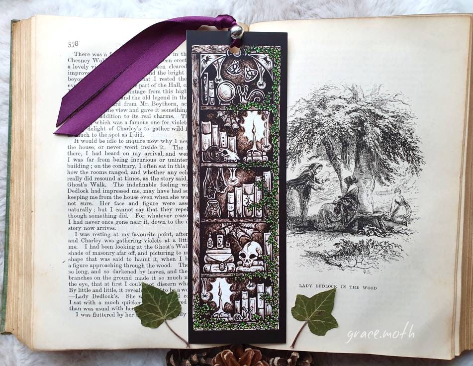 Oddities Bookshelf Bookmark - illustrated by Grace Moth, ribbon and laminating options