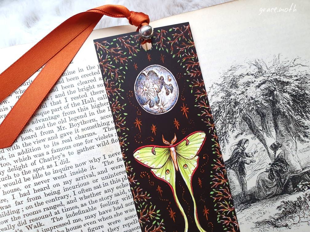 Luna Moth Bookmark - illustrated by Grace Moth, ribbon and laminating options
