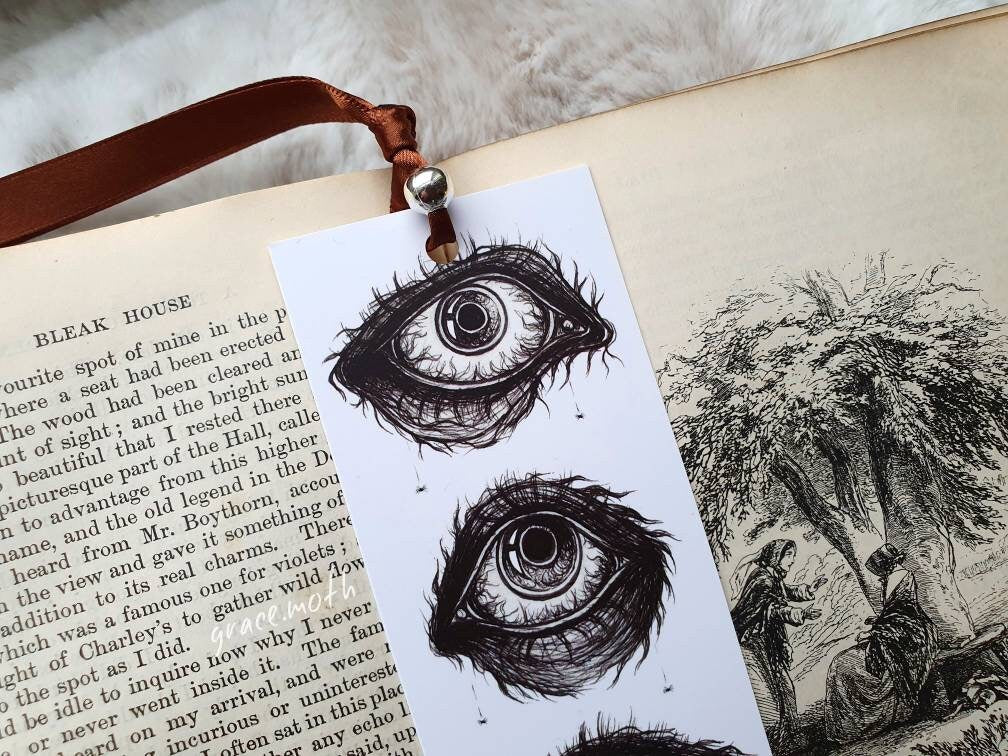 Creepy Eyes Bookmark - illustrated by Grace Moth, ribbon and laminating options