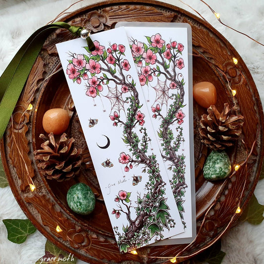 Pink Blossom Bookmark - illustrated by Grace Moth, ribbon and laminating options