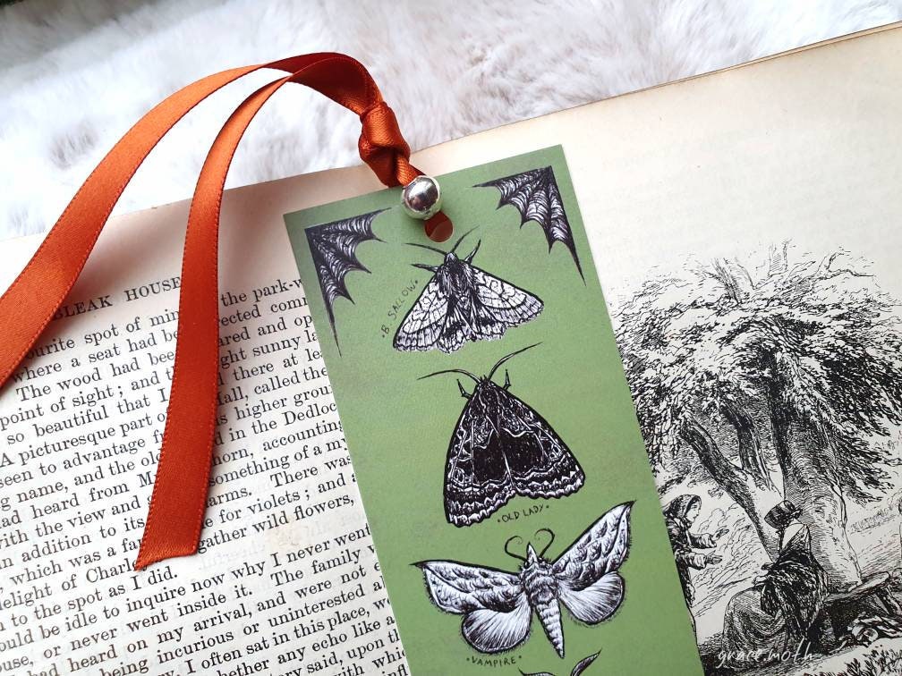 Moths Bookmark - illustrated by Grace Moth, ribbon and laminating options
