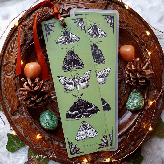 Moths Bookmark - illustrated by Grace Moth, ribbon and laminating options