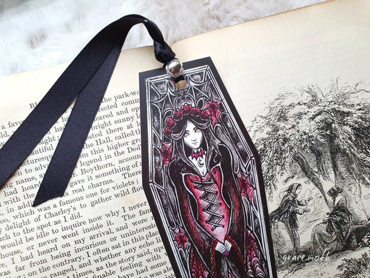 Vampire coffin Bookmark - illustrated by Grace Moth, ribbon and laminating options