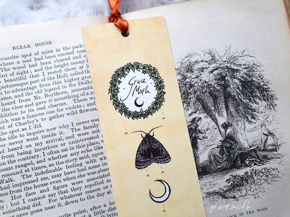 Mossy Bookpile Bookmark - illustrated by Grace Moth, ribbon and laminating options