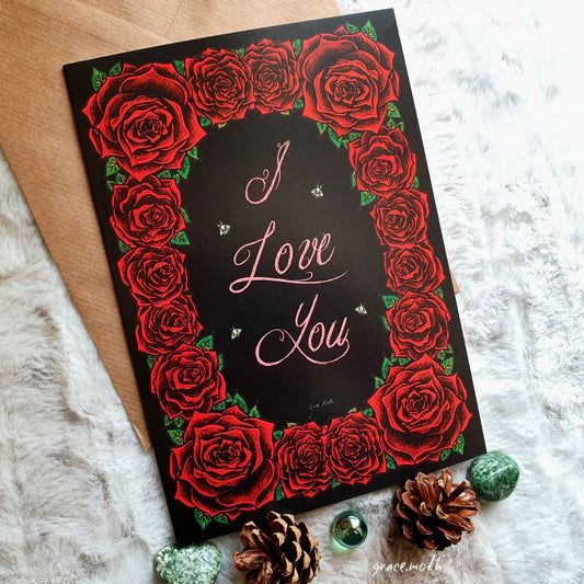 Roses - A5 greeting card by Grace Moth - 5.8 x 8.3, I Love you, gothic