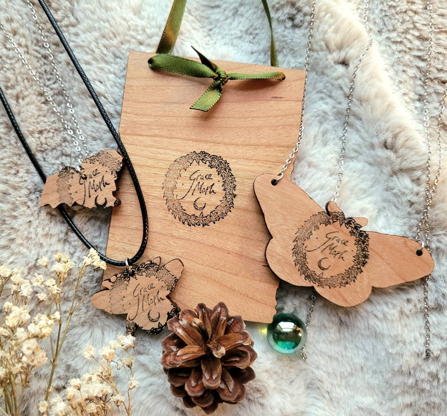 Luna Moth illustrated necklace, responsibly sourced cherry wood, chain options available, by Grace Moth