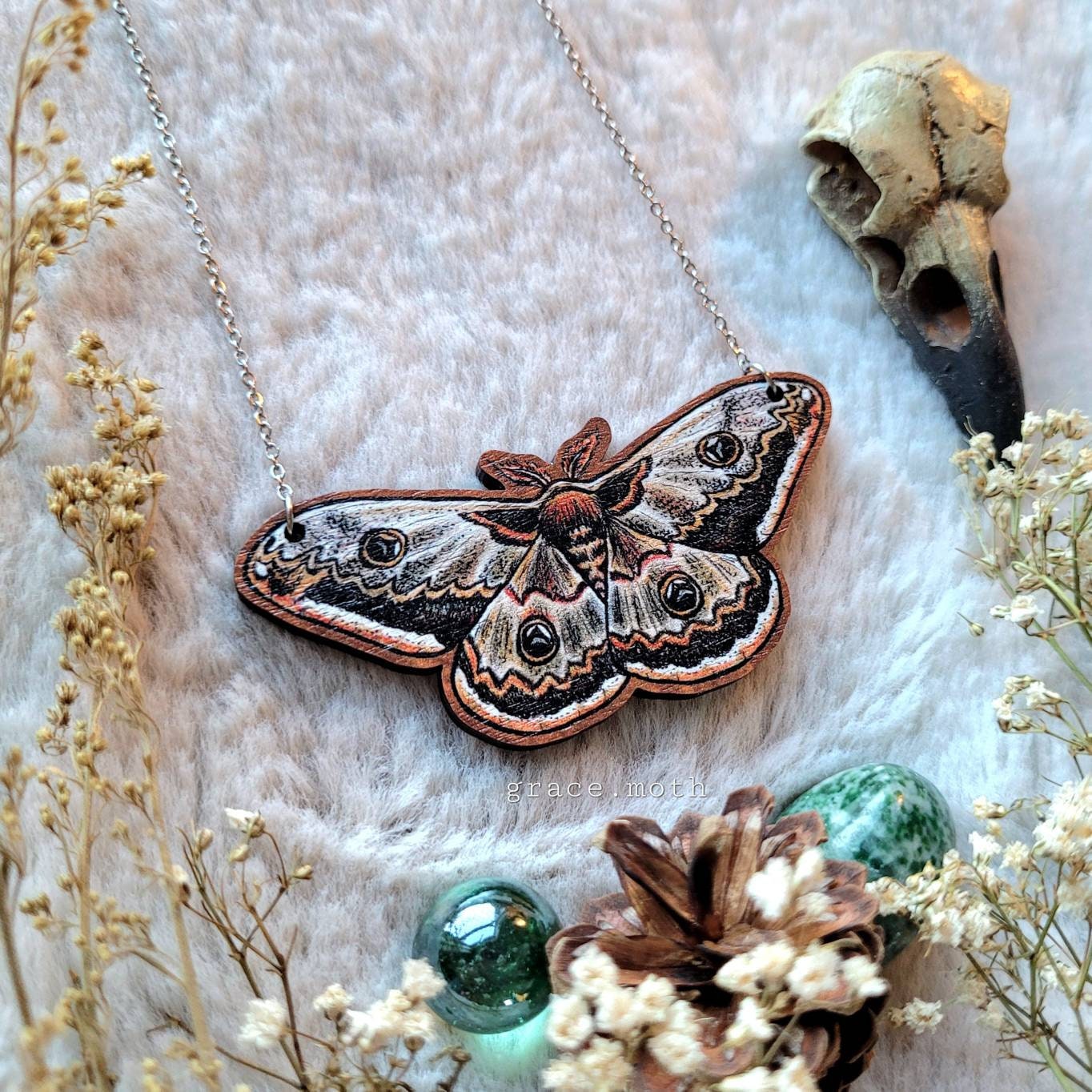 Large Emperor Moth illustrated necklace, responsibly sourced cherry wood, chain options available, by Grace Moth