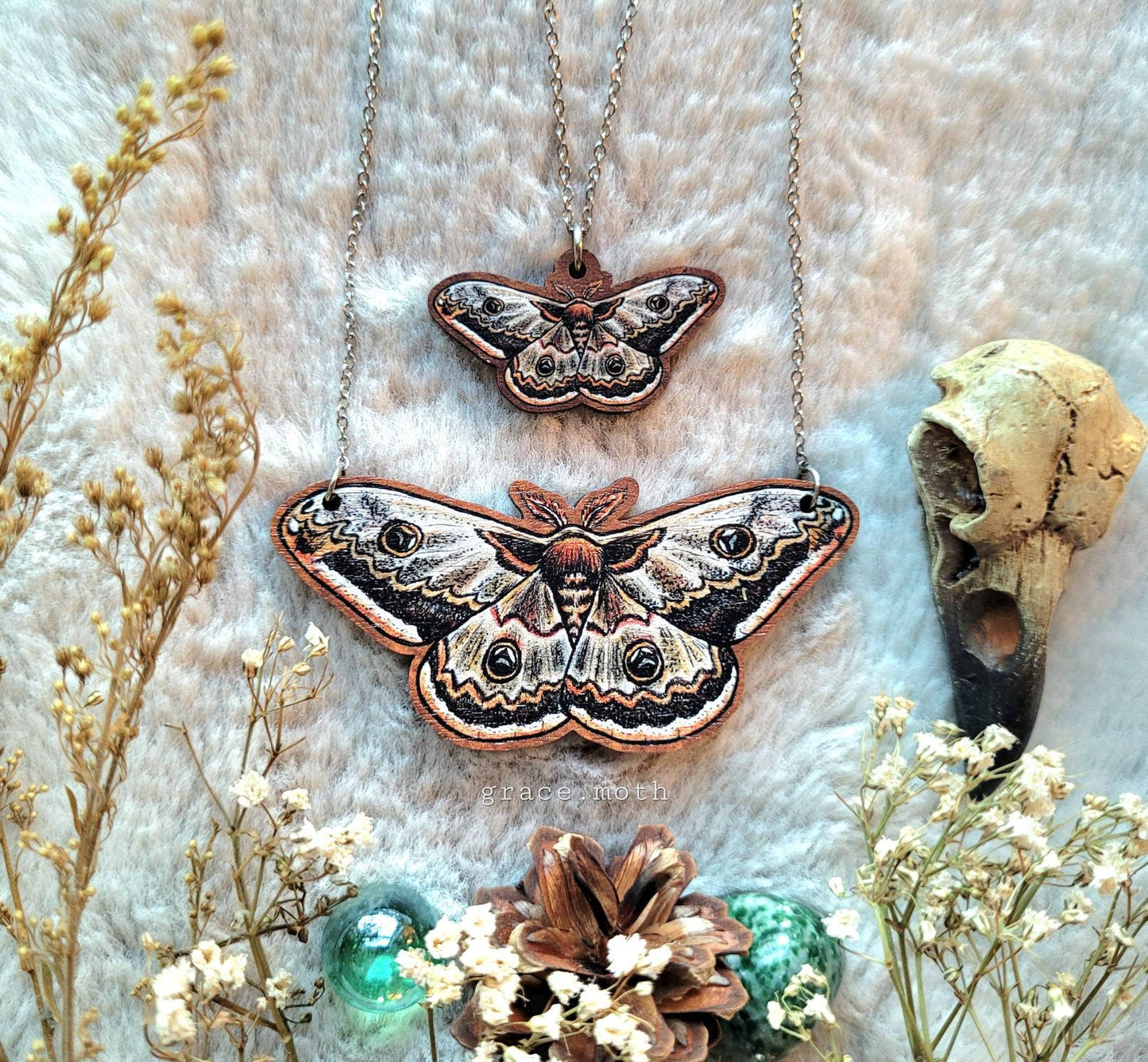 Large Emperor Moth illustrated necklace, responsibly sourced cherry wood, chain options available, by Grace Moth