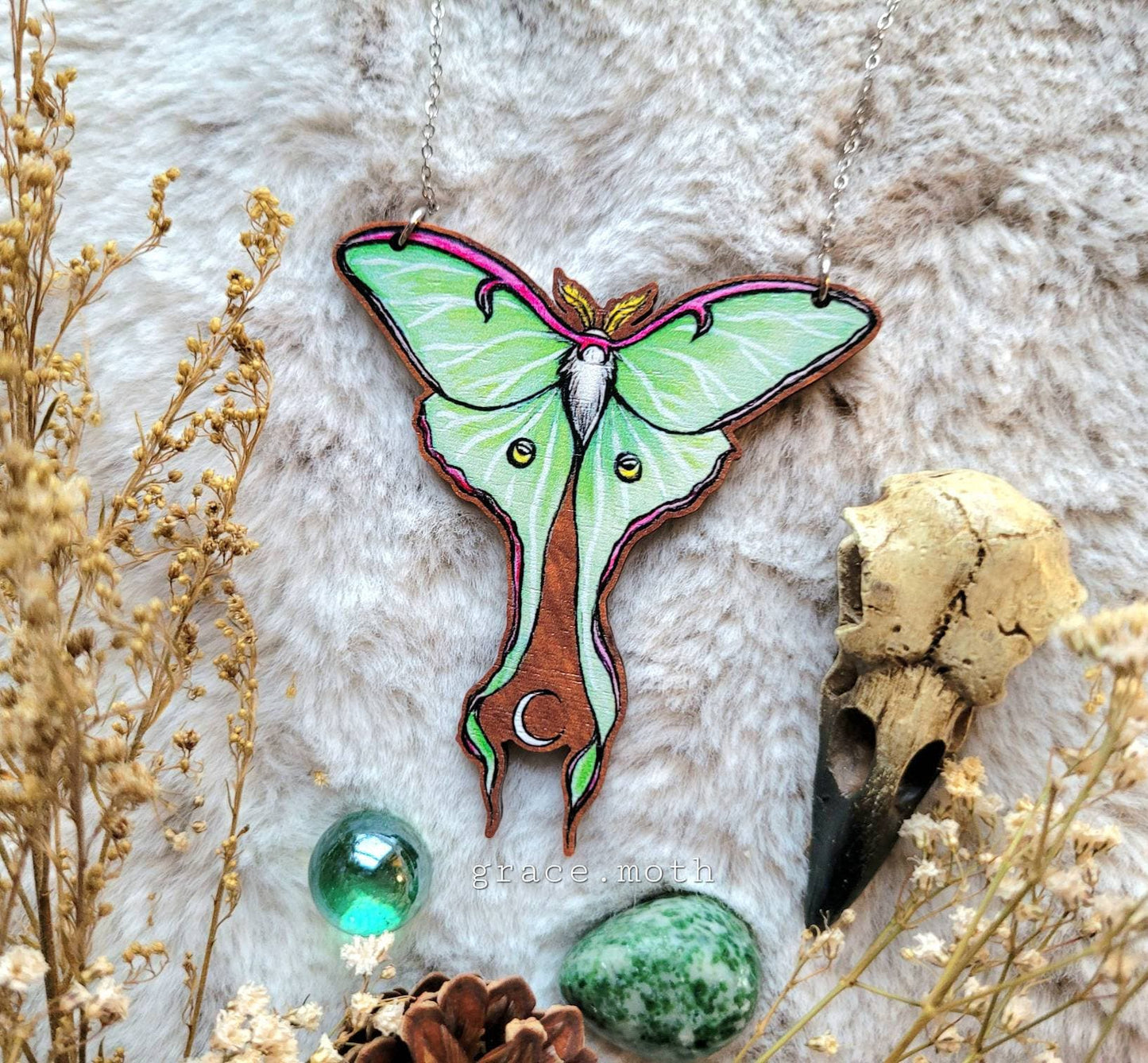 Large Luna Moth illustrated necklace, responsibly sourced cherry wood, chain options available, by Grace Moth
