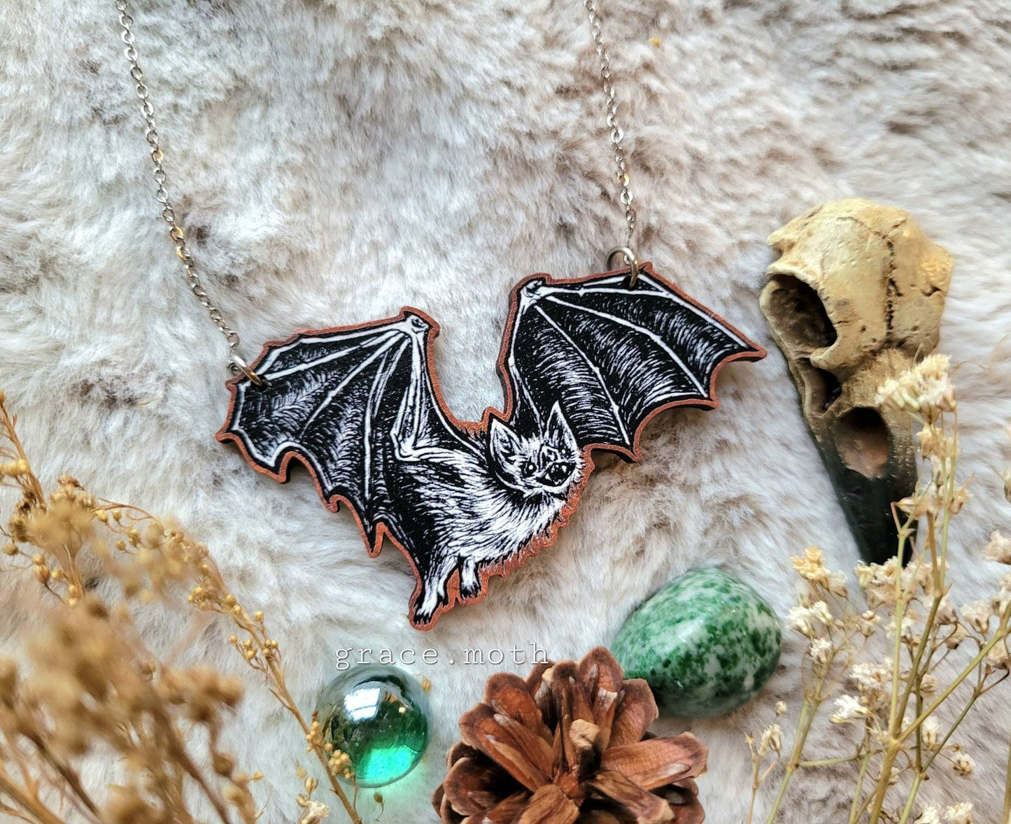 Large Bat illustrated necklace, responsibly sourced cherry wood, chain options available, by Grace Moth
