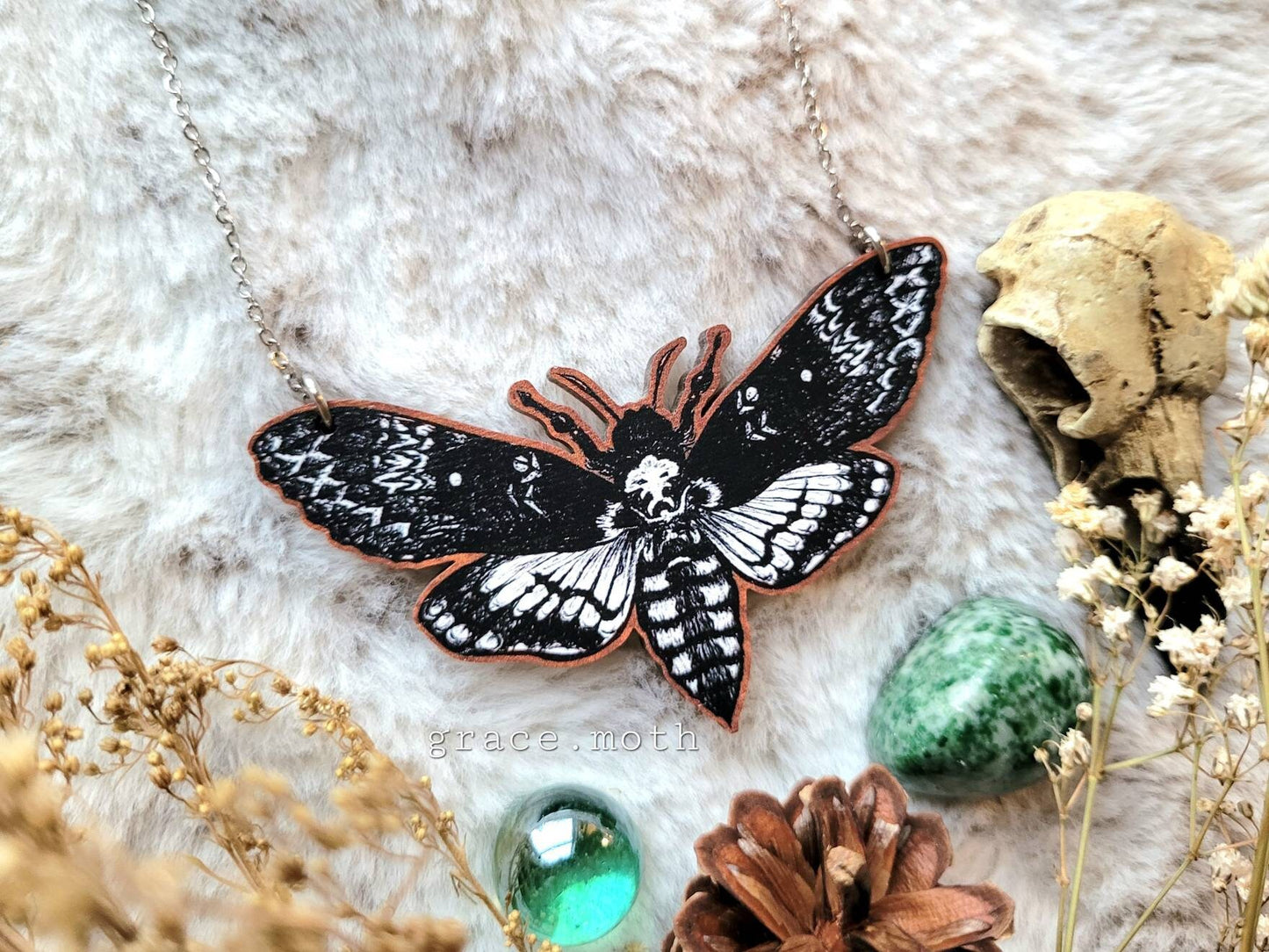Large Death head hawk Moth illustrated necklace, responsibly sourced cherry wood, chain options available, by Grace Moth