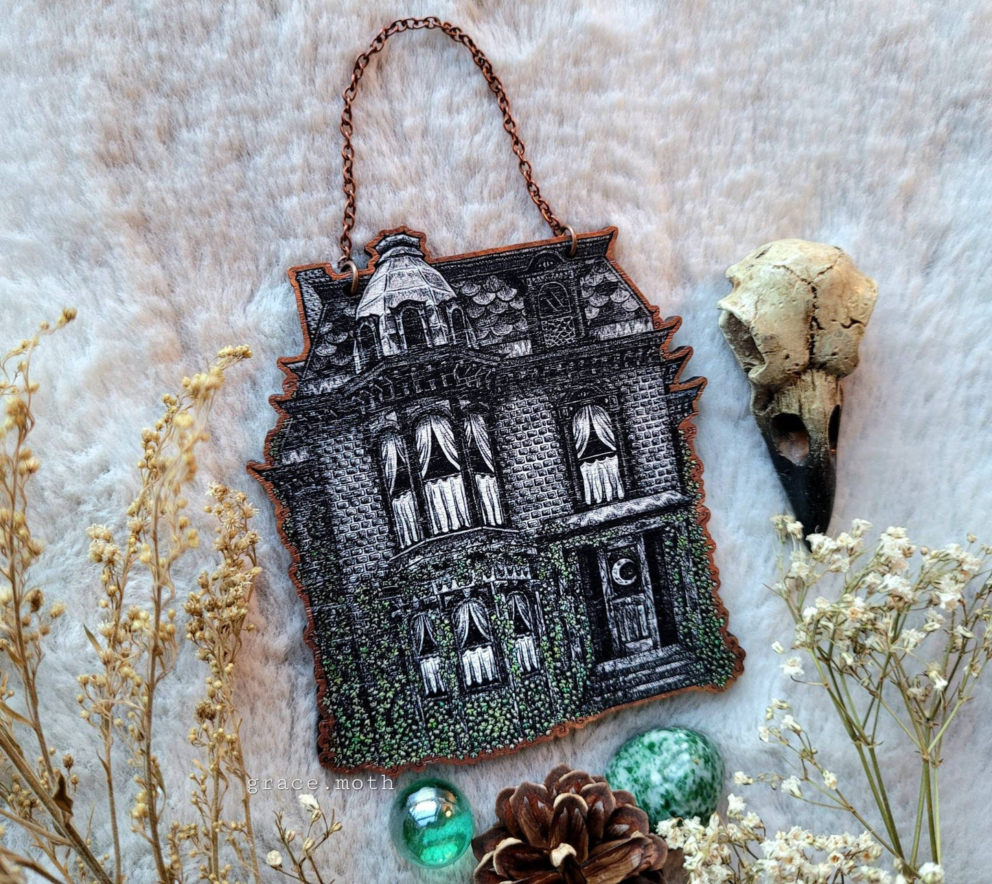 Haunted House ornament, wall hanging, 10cm, responsibly sourced cherry wood, chain and ribbon options available, by Grace Moth