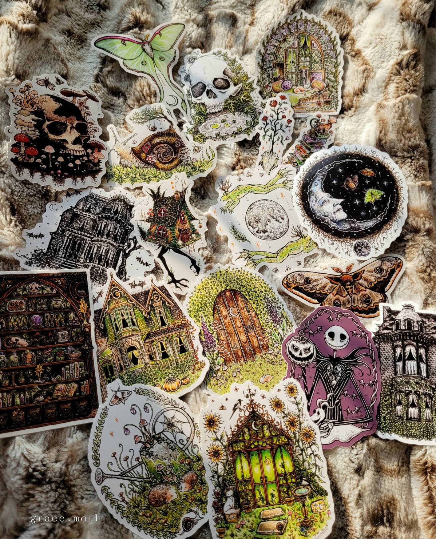 Cottagecore set 1 - Vinyl Sticker Bundle 10cm - Illustrated by Grace moth. Magic, luna moth, green witch, snail house, moss, fantasy