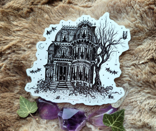Creepy House - Vinyl Sticker 10cm by 9cm - Illustrated by Grace moth. Haunted victorian house, ink sketch, gothic, pen and ink, bats, spooky