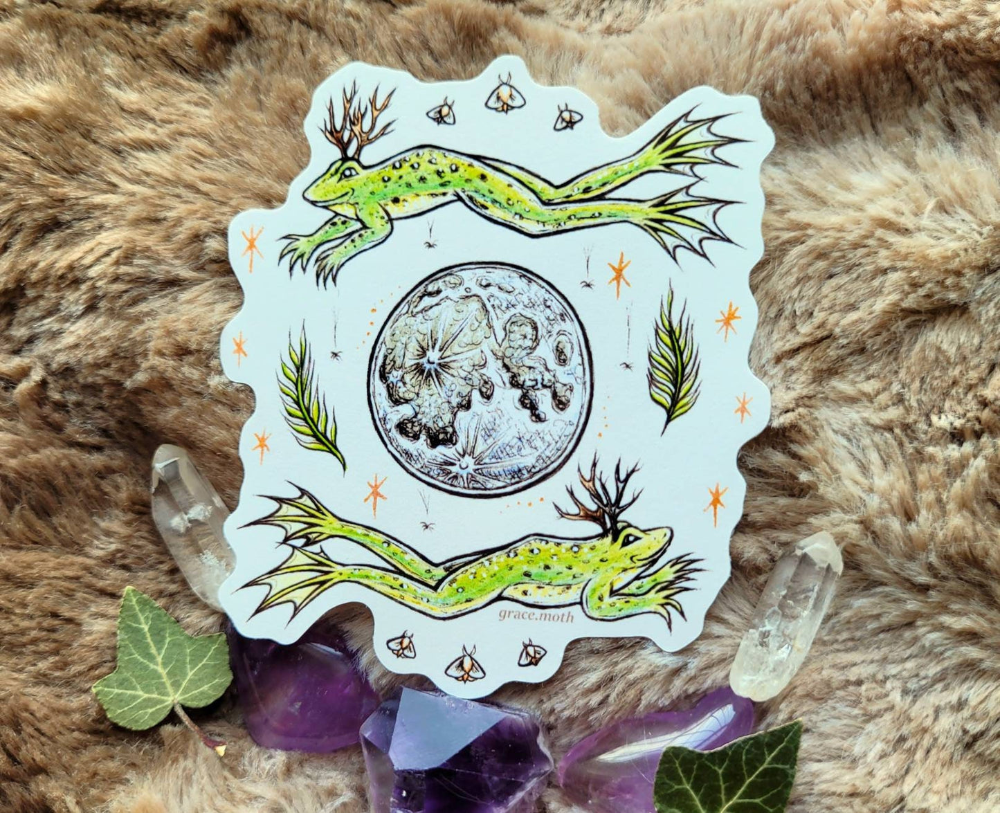 Frog Dance - Vinyl Sticker 10cm by 8cm - Illustrated by Grace moth. Frogs, moon magic, witchy, cottagecore, fantasy, folklore, fairy
