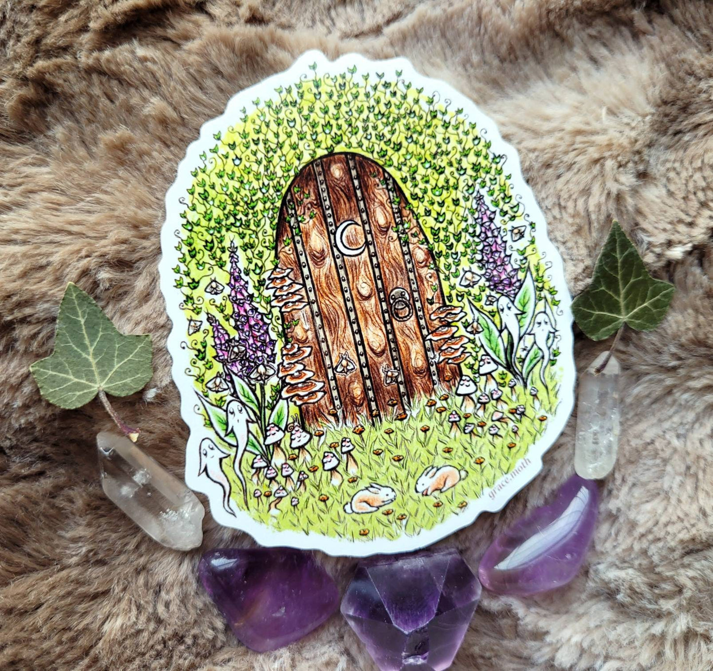 Secret Garden Door - Vinyl Sticker 10cm by 8.5cm - Illustrated by Grace moth.  Cottagecore, ivy, foxgloves, ghosts, fantasy, fairy