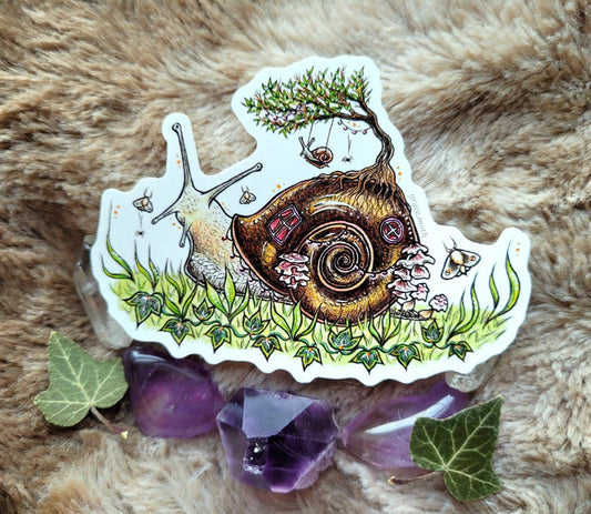 Snail House - Vinyl Sticker 10cm by 7.5cm Illustrated by Grace moth. Cottagecore, small kingdoms, coloured pencil, fantasy art, fairies