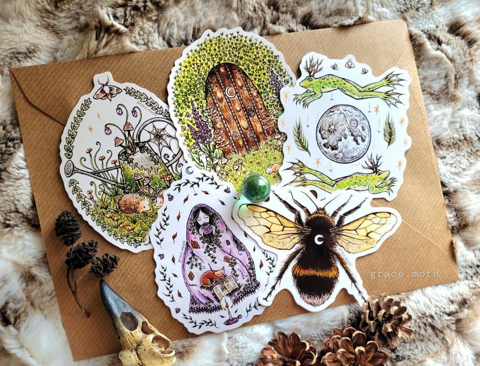 Cottagecore set 2 - Vinyl Sticker Bundle 10cm - Illustrated by Grace moth. Magic, moths, green witch, bumble bee, frog Dance, moss, fantasy