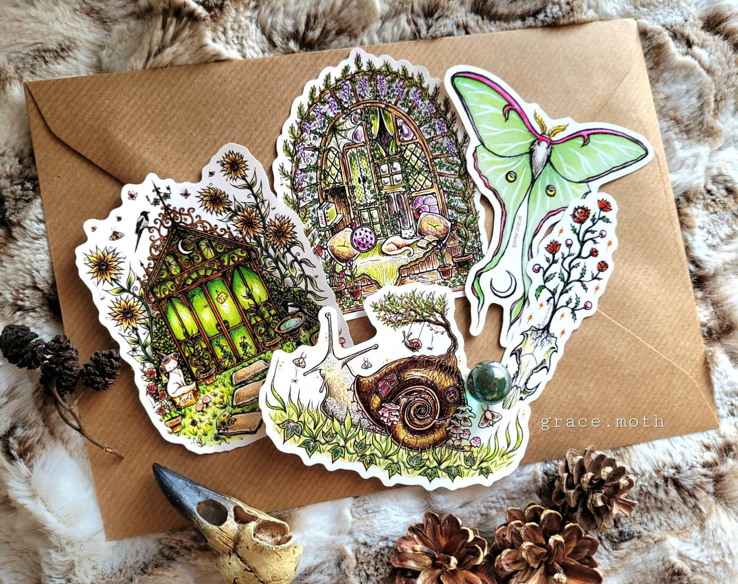 Cottagecore set 1 - Vinyl Sticker Bundle 10cm - Illustrated by Grace moth. Magic, luna moth, green witch, snail house, moss, fantasy