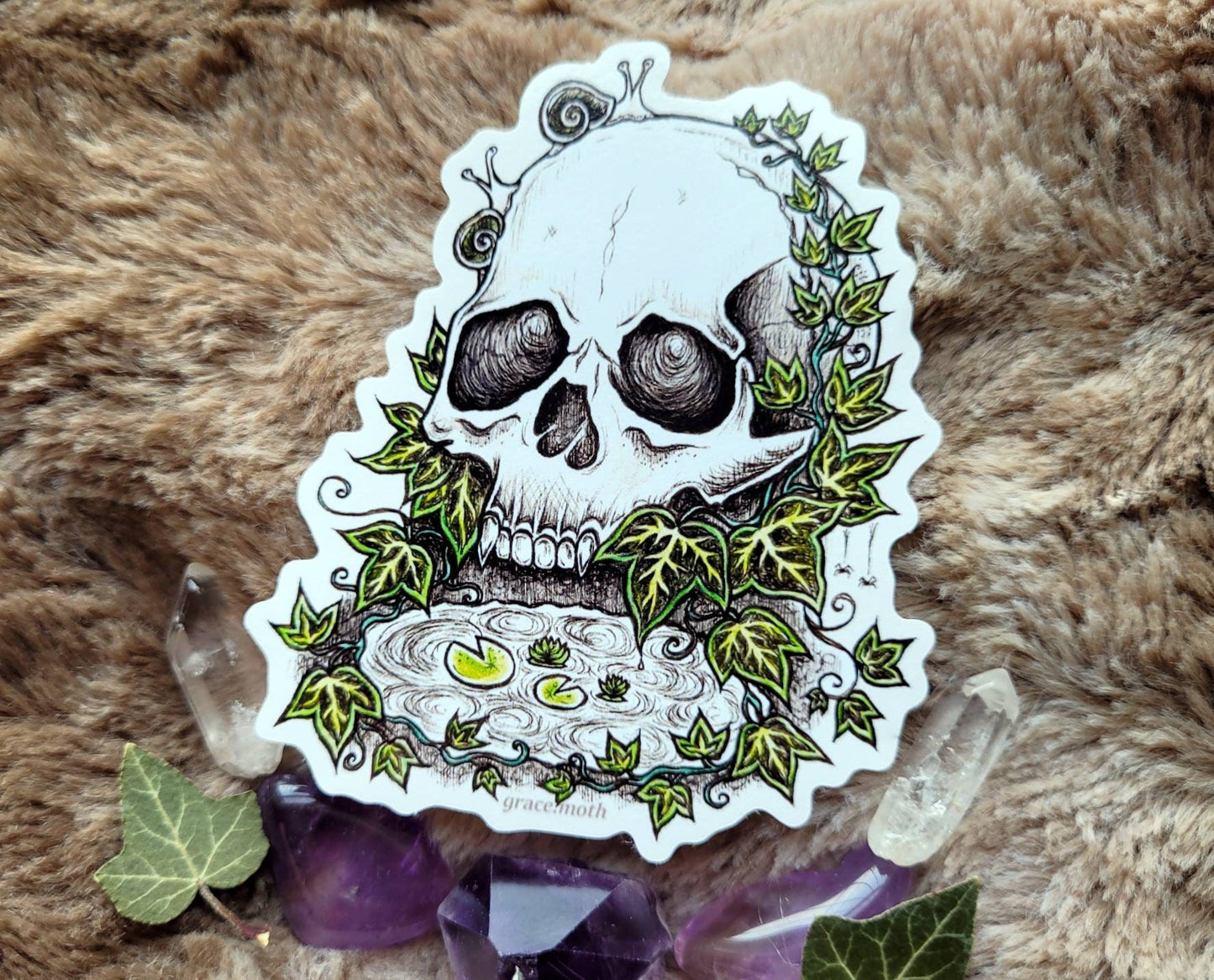 Ivy Skull - Vinyl Sticker 10cm by 8cm Illustrated by Grace moth. Gothic art, creepy, fantasy