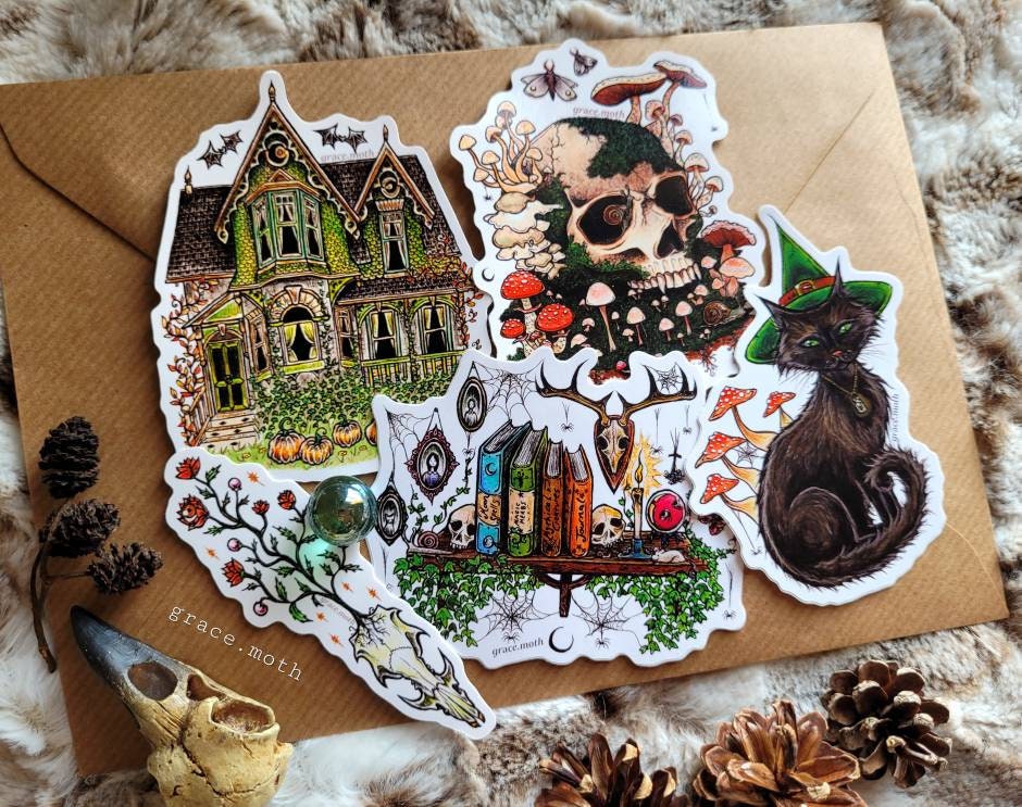 Witchy set 1 - Vinyl Sticker Bundle 10cm - Illustrated by Grace moth. Witchy, magic, moths, haunted house gothic, familiar mushrooms fantasy