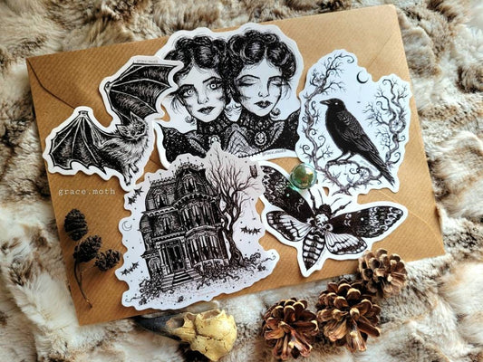 Gothic Love - Vinyl Sticker Bundle 10cm - Illustrated by Grace moth. Victorian haunted house, bats, conjoined twins, death Head Hawk Moth