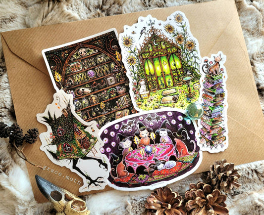 Witchy set 2 - Vinyl Sticker Bundle 10cm - Illustrated by Grace moth. Magic, moths, baba yaga, green witch, apothecary, cat coven