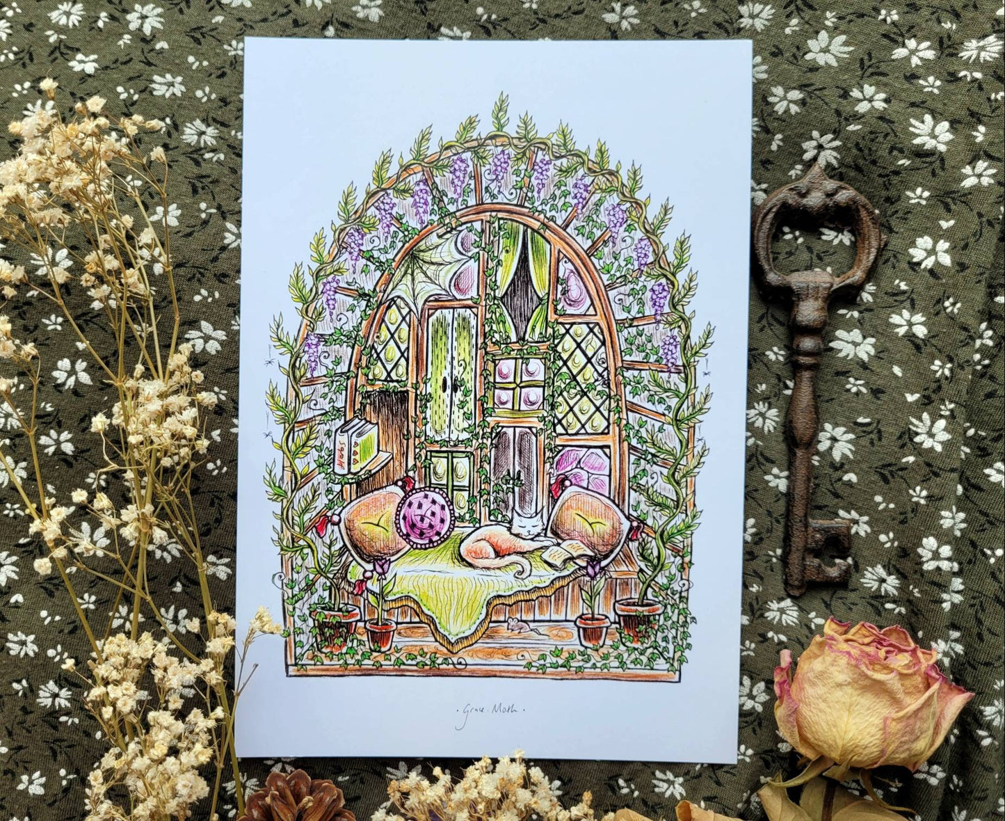 Reading Nook - A5 art print by Grace Moth - 5.8 x 8.3, garden cottagecore witchy