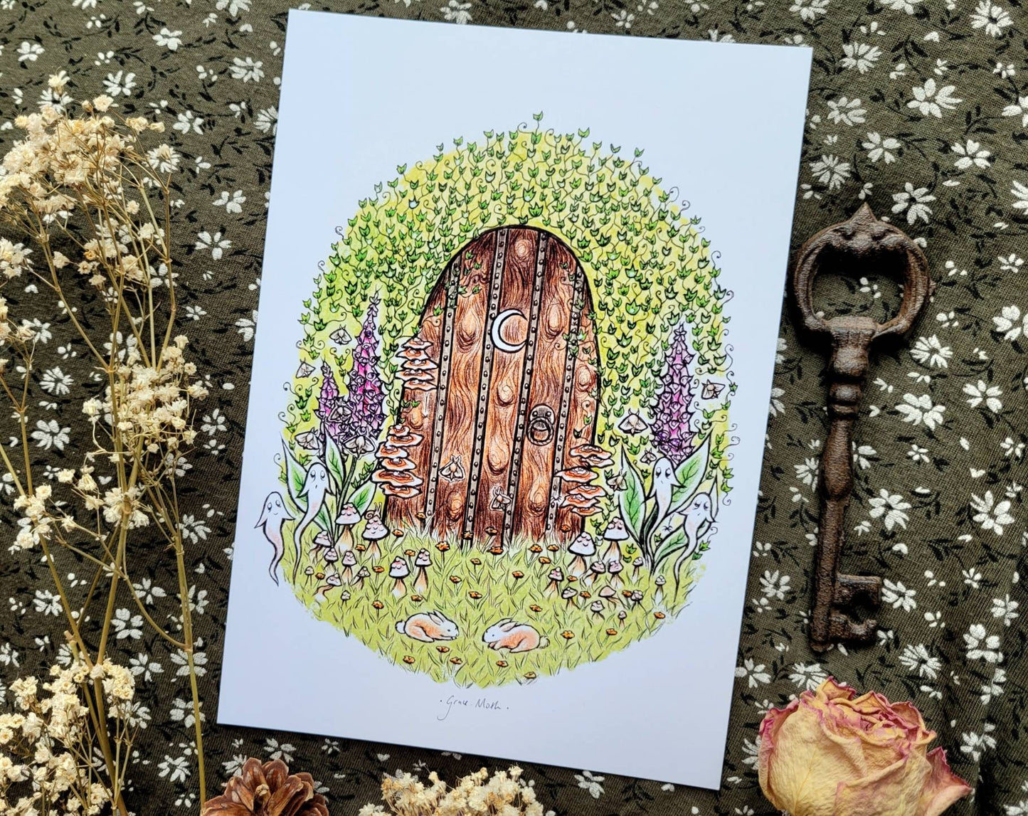 Secret Door - A5 art print by Grace Moth - 5.8 x 8.3, cottagecore mushrooms fairy
