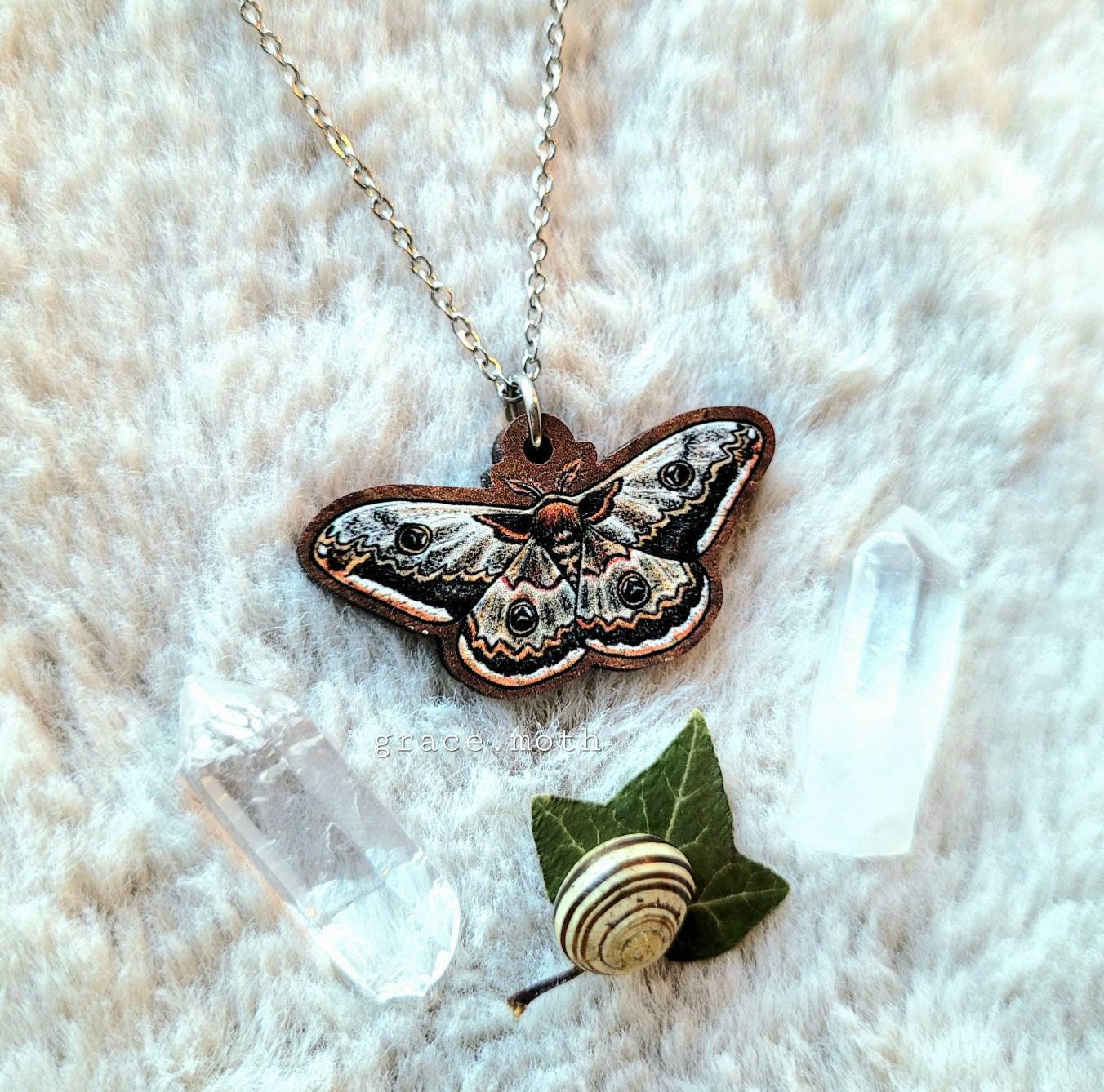 Emperor Moth illustrated necklace, responsibly sourced cherry wood, chain options available, by Grace Moth