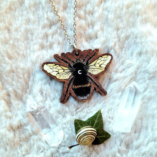 Bumble Bee illustrated necklace, responsibly sourced cherry wood, chain options available, by Grace Moth